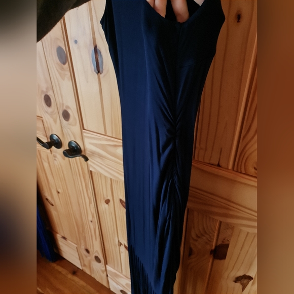 INC Knee Length Deep Double V Ruched Stretch Fringe Navy Blue EUC Size M - Picture 3 of 5